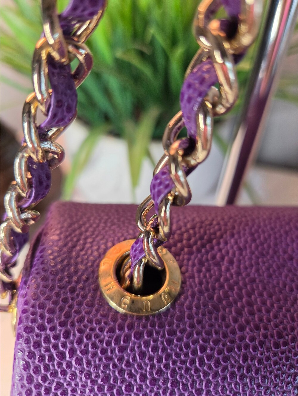 Henri Bendel Milliner Purple Pebbled Leather Chain Crossbody Shoulder Bag - Picture 15 of 16